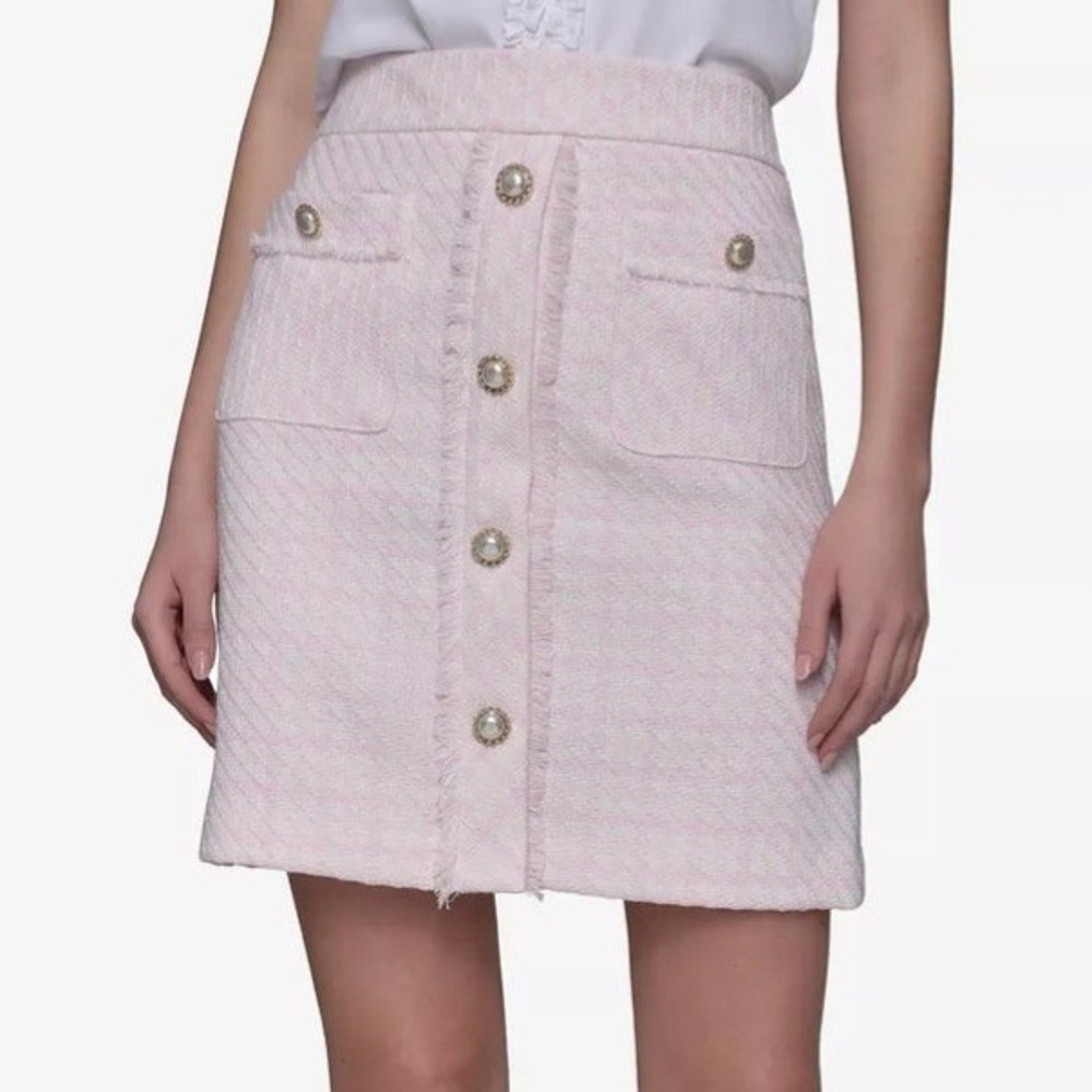Karl Lagerfeld Tweed Skirt Button Front Pocket Pink White A Line Womens 14 NWT